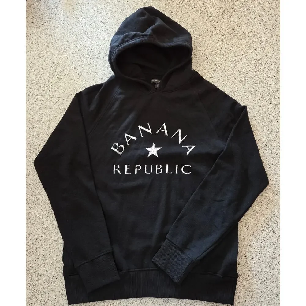 Banana Republic Men's Logoed Print Black Garment Dye Hoodie Sweatshirt NWOT✨️M